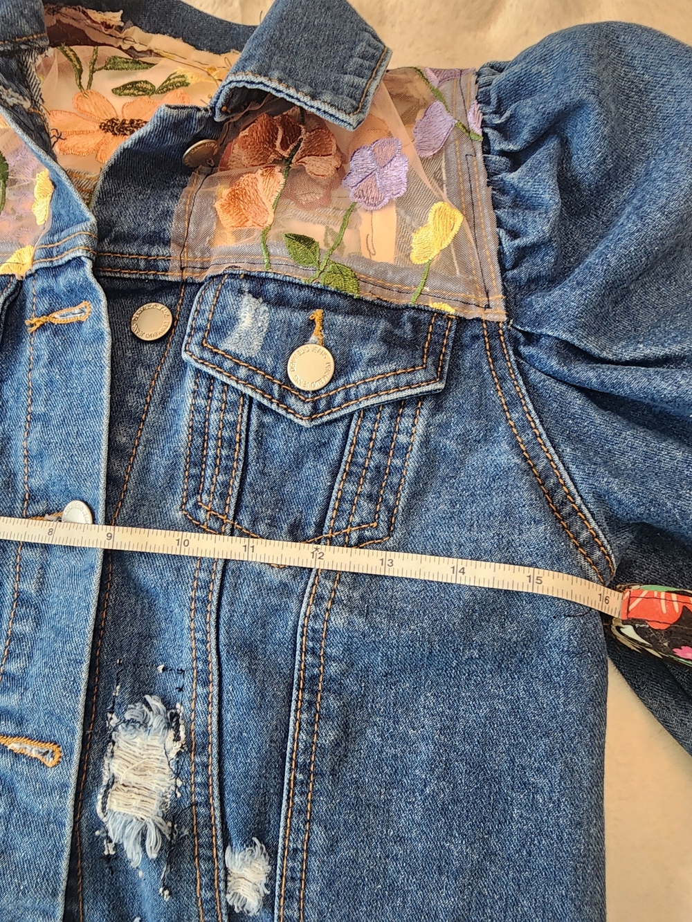 Floral Embroidered Sheer-Back Denim Jacket - Multicolor - Picture 4 of 9